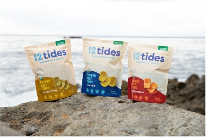 12-Tides-Kelp-Chips 12 Tides plant-based, nutrient-dense, organic puffed kelp chips are crafted from kelp grown on North American ocean farms.