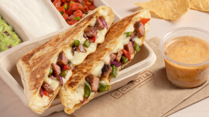 Chipotle Quesadilla Day Chipotle's digitally exclusive quesadillas feature melted Monterey jack cheese, a choice of protein, optional fajita veggies, and three sides for dipping. Monterey jack cheese is grated fresh each morning in every Chipotle restaurant to achieve the perfect cheese pull.