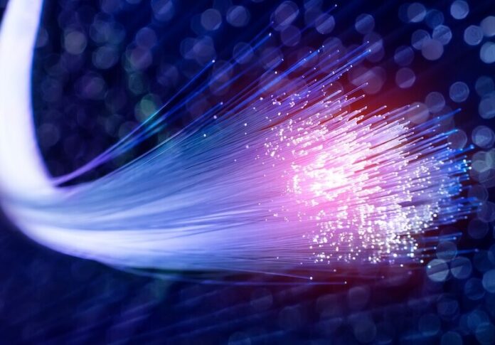 optical fibres dinamic flying from deep on technology background