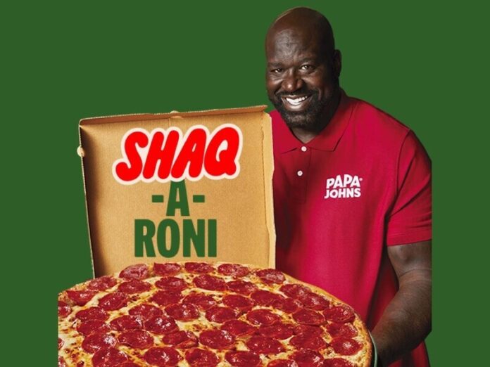 Basketball legend and Papa Johns franchisee Shaquille O'Neal and the Shaq-a-Roni pizza. (Photo: Business Wire)