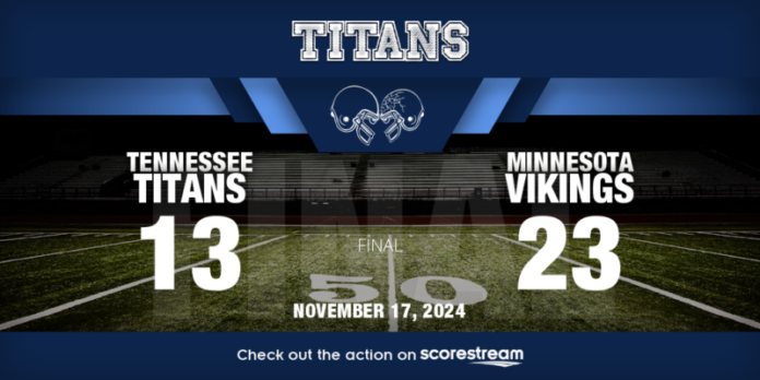 Minnesota_vs_Tennessee_twitter_teamWins-1 The Tennessee Titans (2-8) dropped their fourth straight game, falling to the Minnesota Vikings (8-2) 23-13 at Nissan Stadium