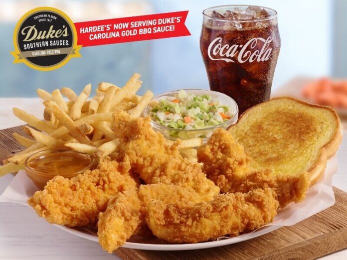 5PcDukesTenderPlatter2 Hardee's Hand-Breaded Chicken Tender Platter featuring Duke’s Carolina Gold BBQ comes with fries, coleslaw, garlic toast and a drink.