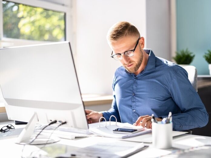 Accounting Bookkeeper Clerk Man. Bank Advisor