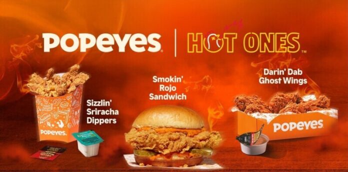 Popeyes-Hot-Ones-Full-Menu-Lineup Sizzlin' Sriracha Dippers + Smokin' Rojo Sandwich + Darin’ Dab Ghost Wings – Popeyes