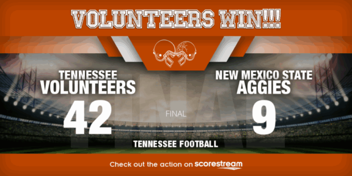 New-Mexico-State_vs_Tennessee_twitter_teamWins Tennessee dominated New Mexico State 42-9 as Joey Aguilar and the defense controlled Neyland Stadium in a decisive victory.