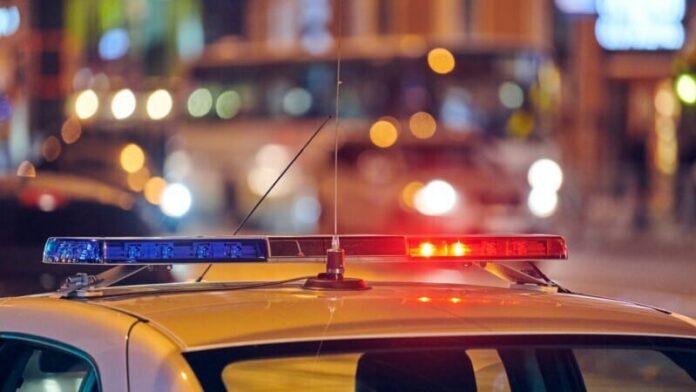 Police car lights at night city street