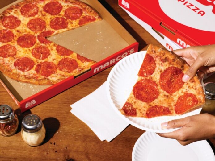 NYStylePizzaWithBigSliceOnPlateNextToBox Marco’s Pizza Debuts NEW NY Style Pizza, an Ode to a Classic