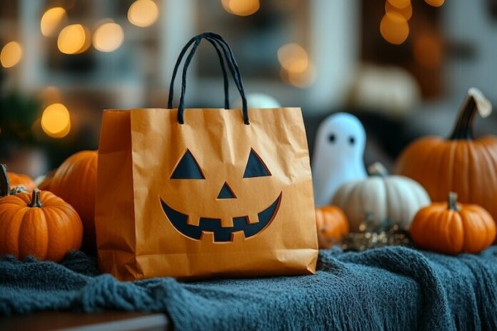 Creative halloween banner with traditional symbols orange pumpkin wizard hat black cat jack o lanterns, Generative AI