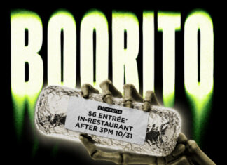 Chipotle Boorito Returns With $6 Entrées on Halloween Chipotle Rewards members who visit a Chipotle restaurant in costume from 3 p.m. to close on October 31 can score a $6 entrée.